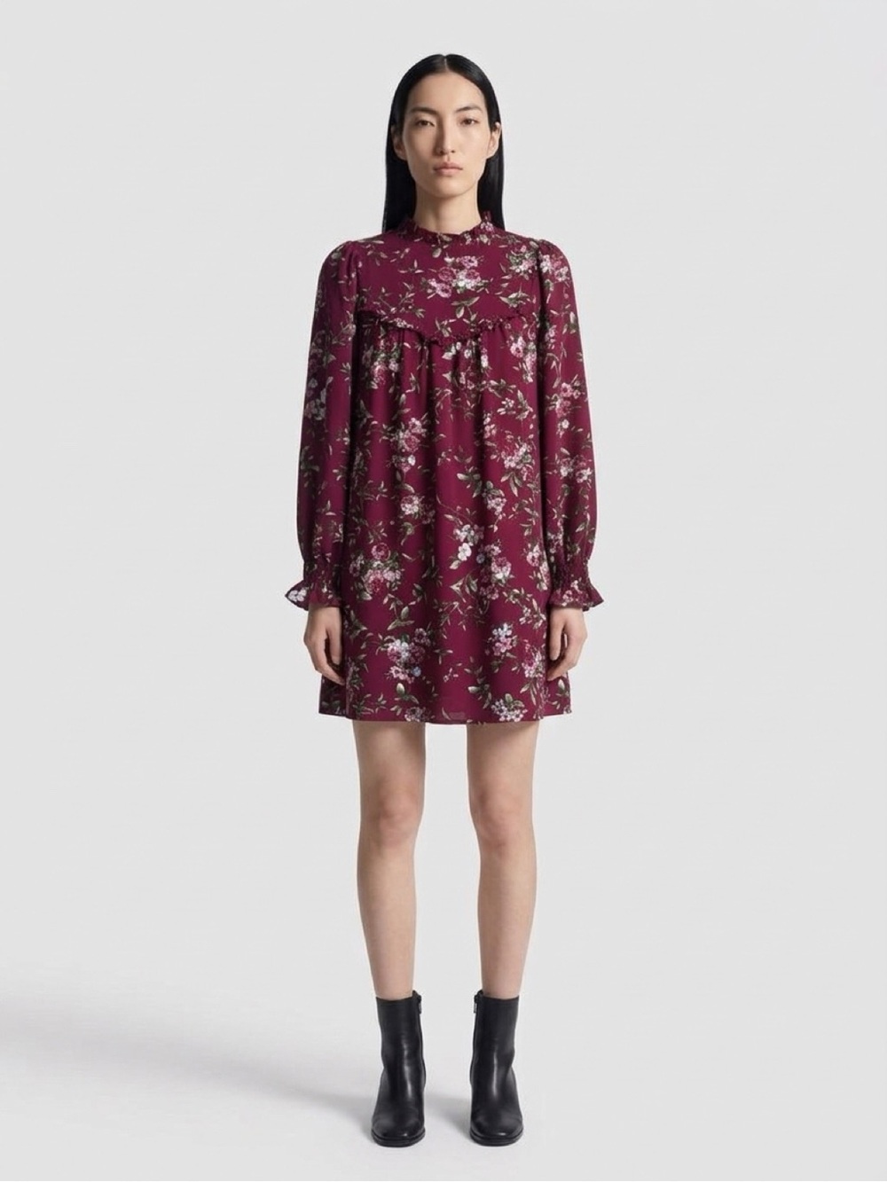 Floral High-Neck Long-Sleeve Mini Dress in Burgundy Fall Cottagecore Size S